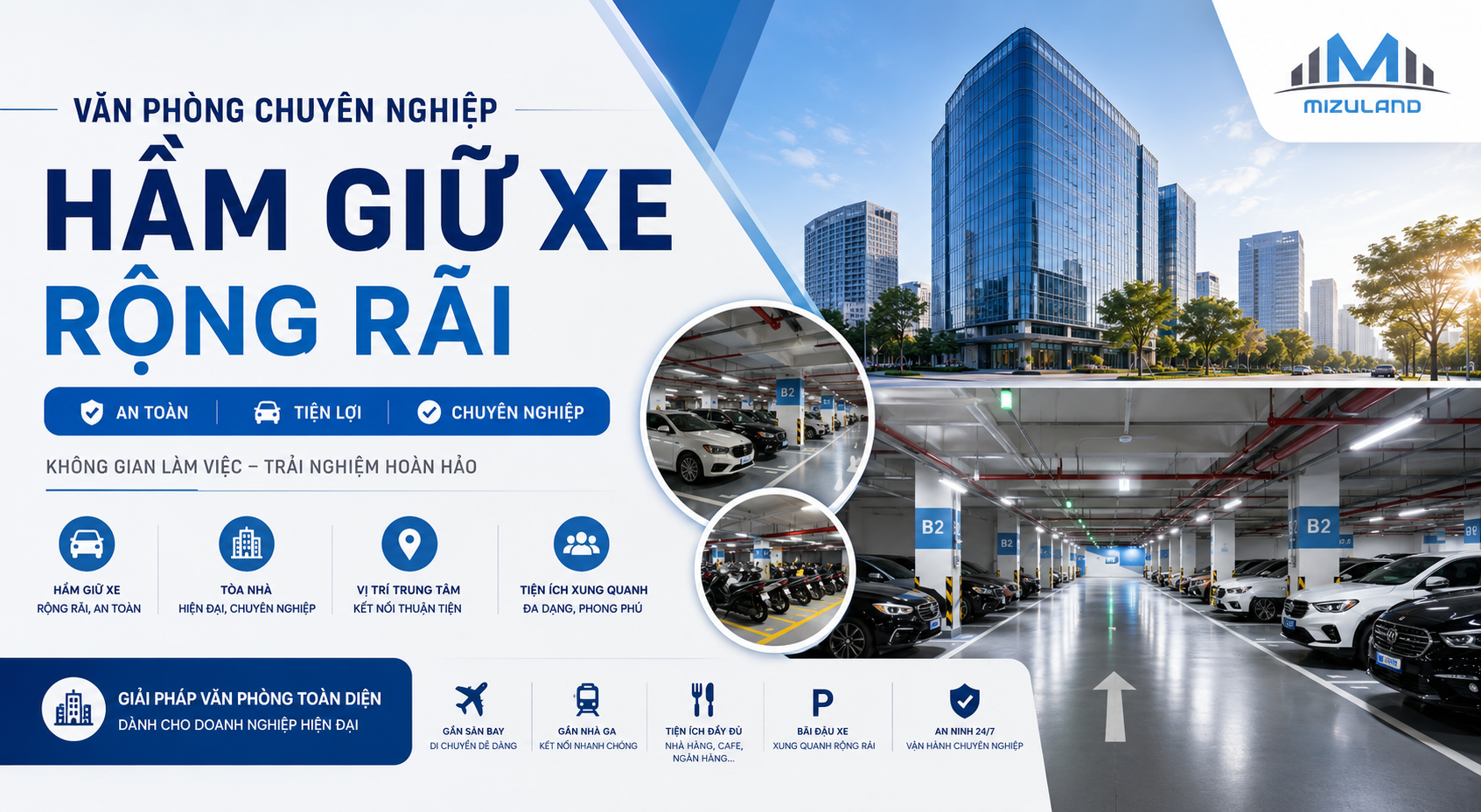 Văn phòng có bãi xe rộng